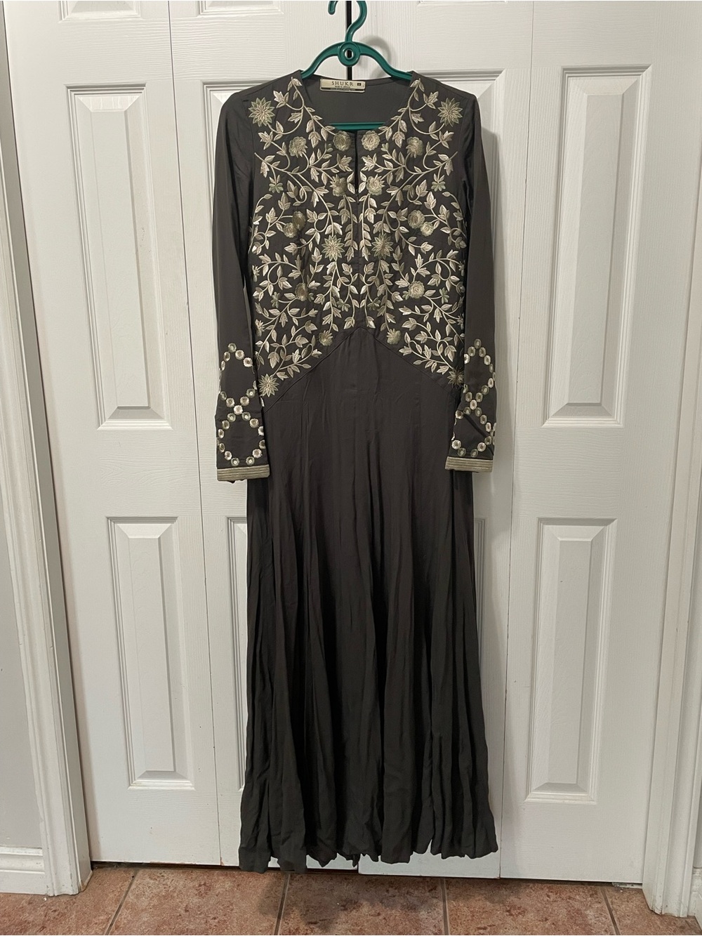 Beautiful Shukr Embroidered Green/Grey Maxi Dress with Silver/Gold Floral Detail